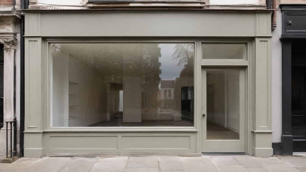 Small commercial storefront with a large glass display panel and glass entrance door