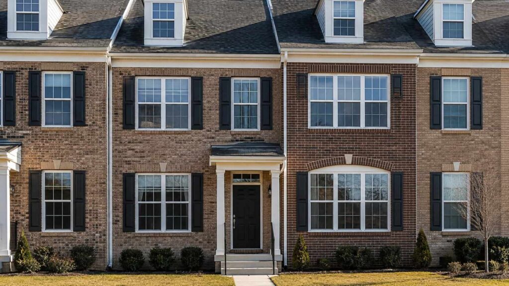 Residential building facade with clear glass windows and a front entry door