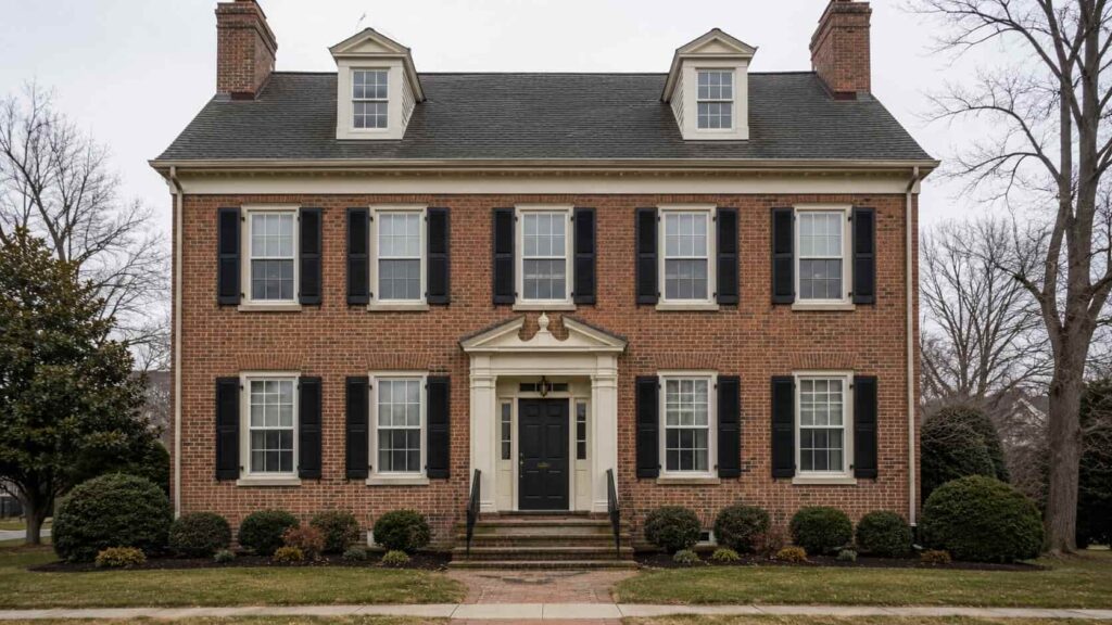 Colonial-style home facade with symmetrical double-hung windows