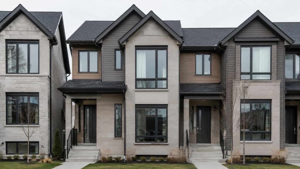 Row of newer townhouse facades with large insulated glass windows