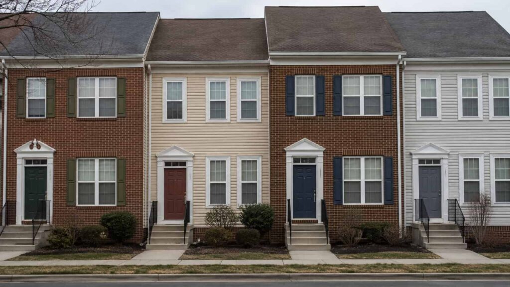Row of Northern Virginia townhouse facades with repeating window openings