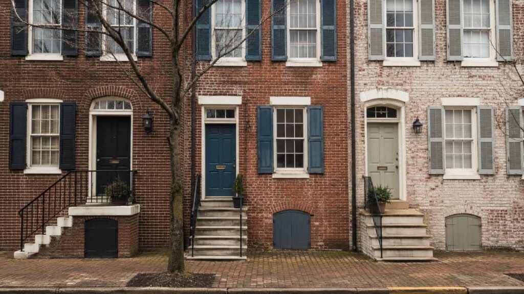 Row of historic brick rowhouse facades with multi-pane sash windows