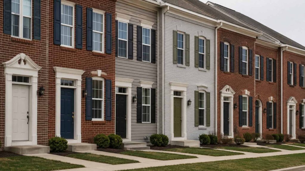 Row of townhouse facades with repeating window openings and front doors