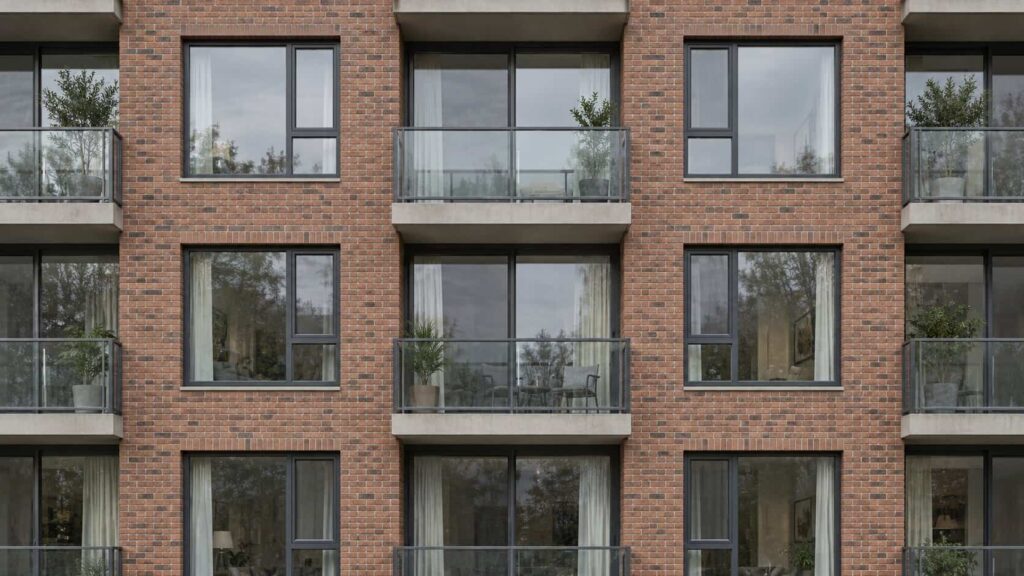 Apartment building facade with repeating window openings and sliding balcony doors