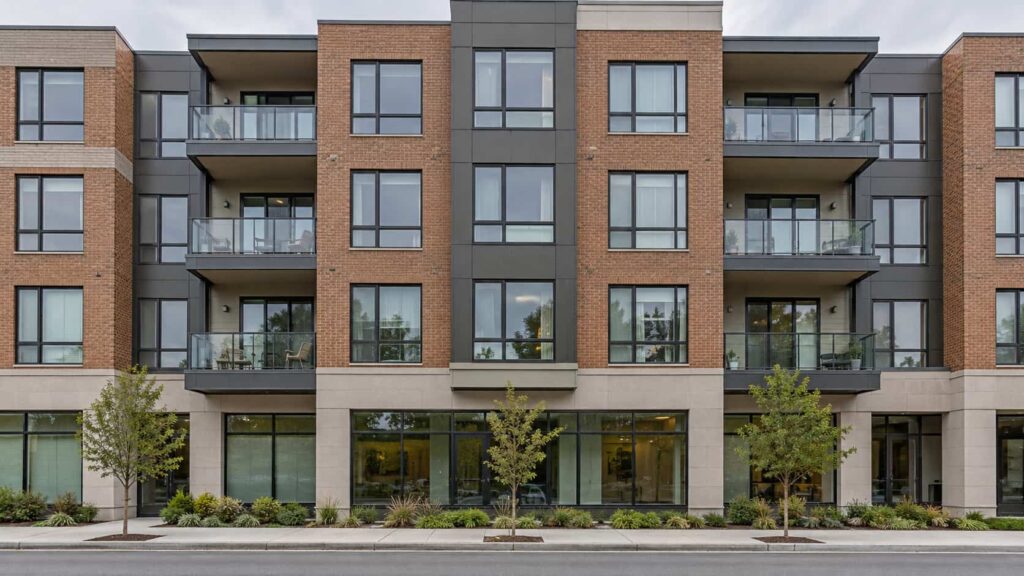 Apartment building facade with repeating windows and sliding balcony doors