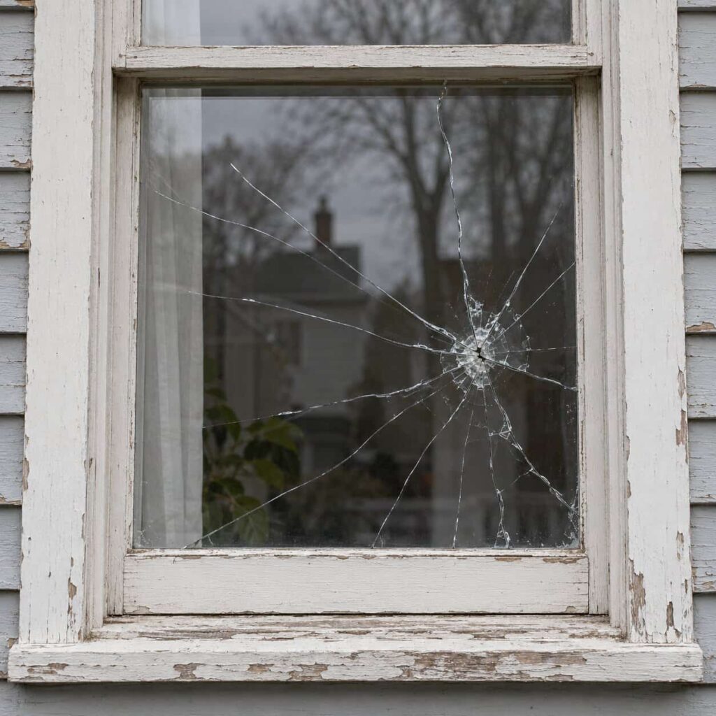 Close-up of a cracked window pane with radiating fracture lines in a painted frame
