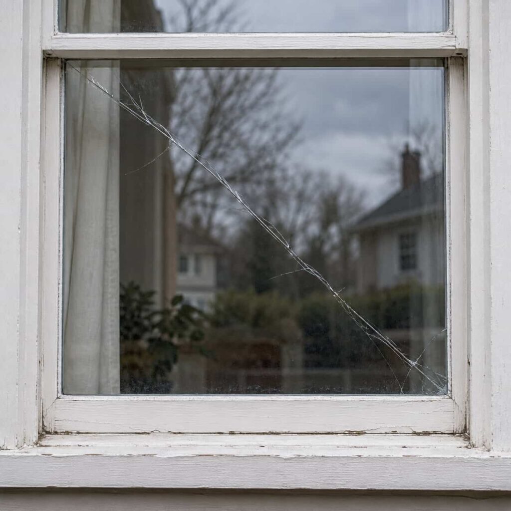 Close-up of a long crack running across a window pane in a wood sash