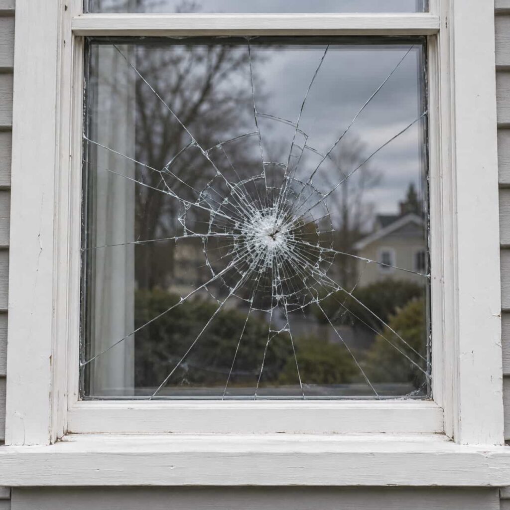 Close-up of an impact crack radiating across a window pane