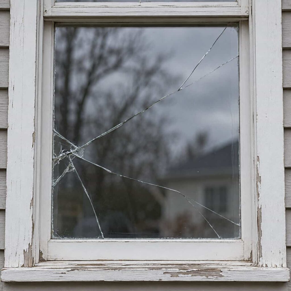 Close-up of a cracked window pane with fracture lines running across the glass