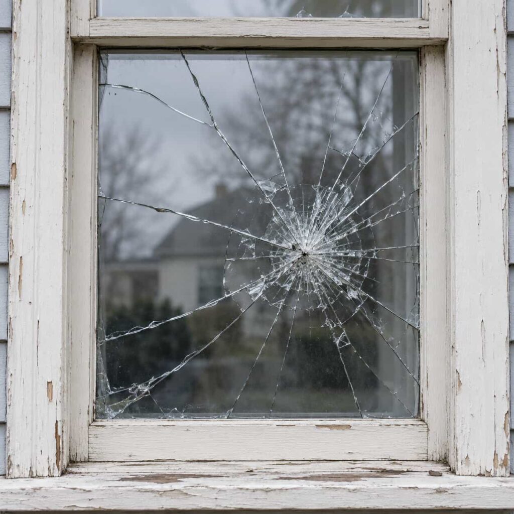 Close-up of a cracked window pane with radiating fracture lines in a painted frame