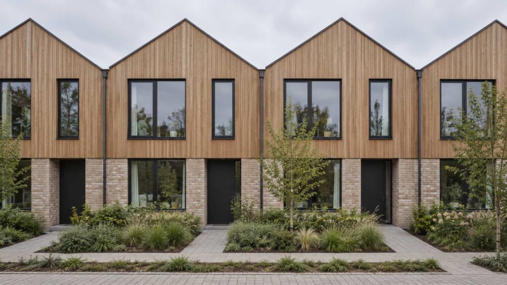 Row of cluster homes with matching window patterns and shared landscaping
