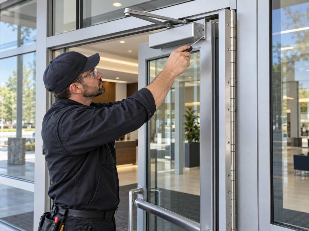 Commercial glass door technician adjusting an overhead door closer and full-length continuous hinge.
