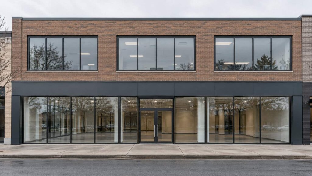 Two-story mixed-use building with ground-floor glass storefronts and offices above