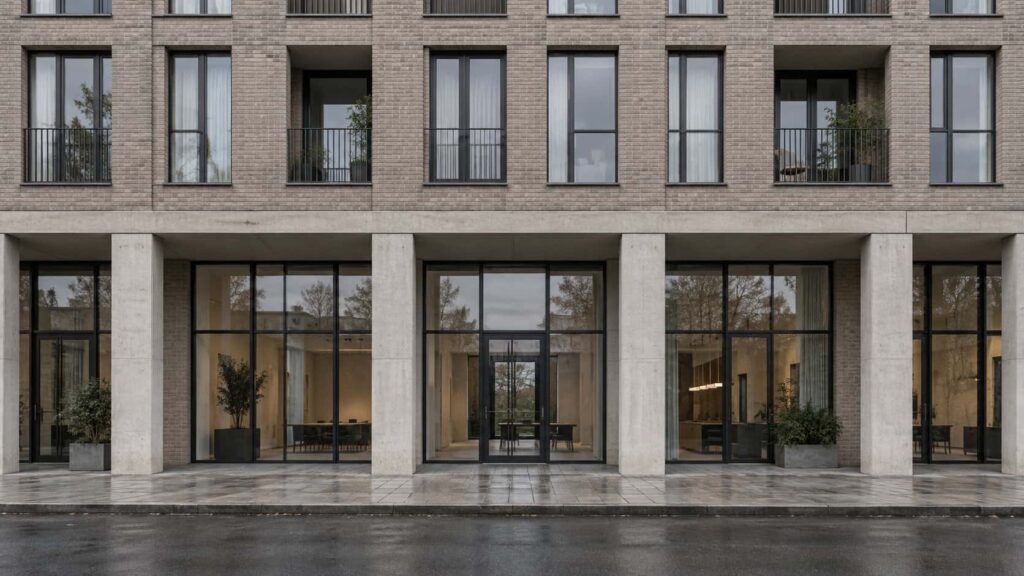 Mixed-use building with ground-floor glass frontage and apartments above