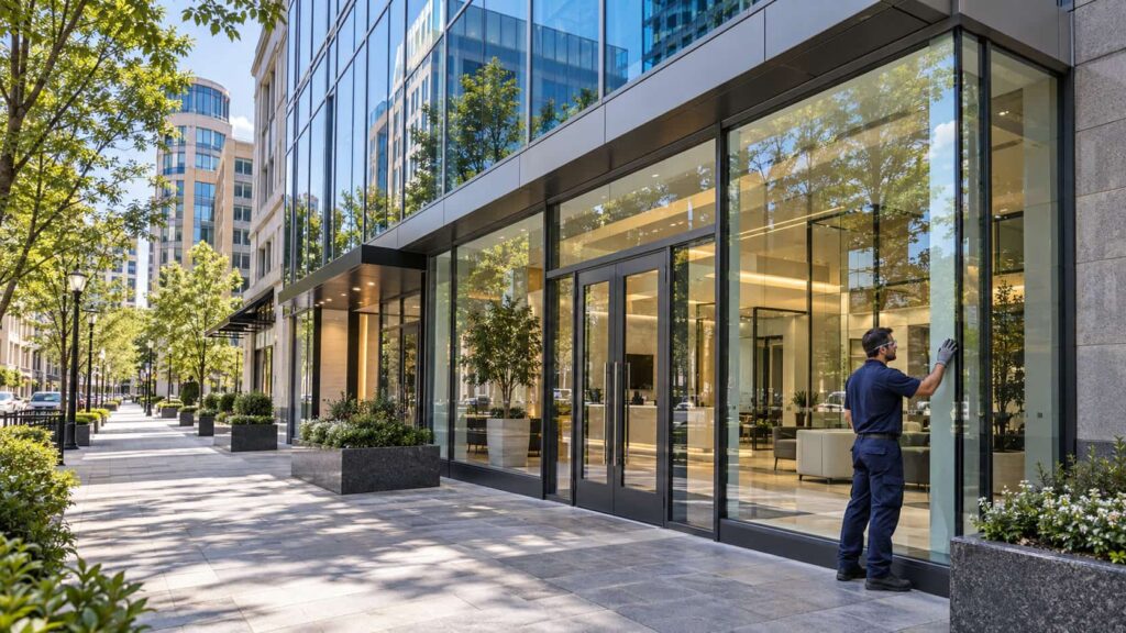 Modern commercial office building with glass storefront entrances, aluminum-framed windows and curtain wall glazing in Reston, VA.