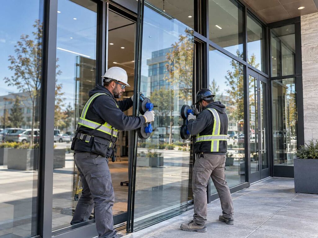 Professional glass installers positioning a large storefront glass panel into an aluminum framing system.