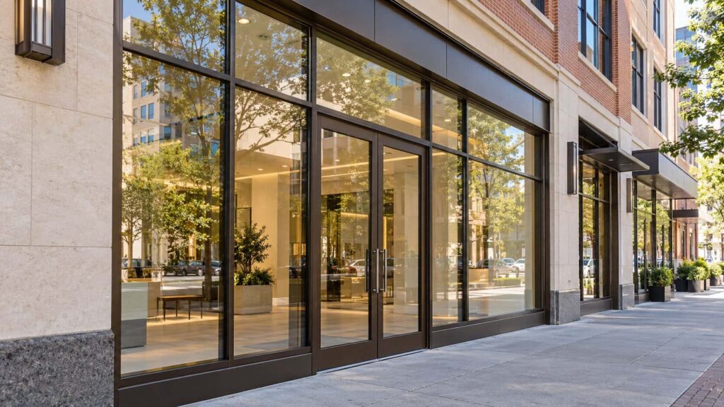 Modern commercial storefront with professionally installed glass windows and aluminum-framed entrance doors in Bethesda, MD.