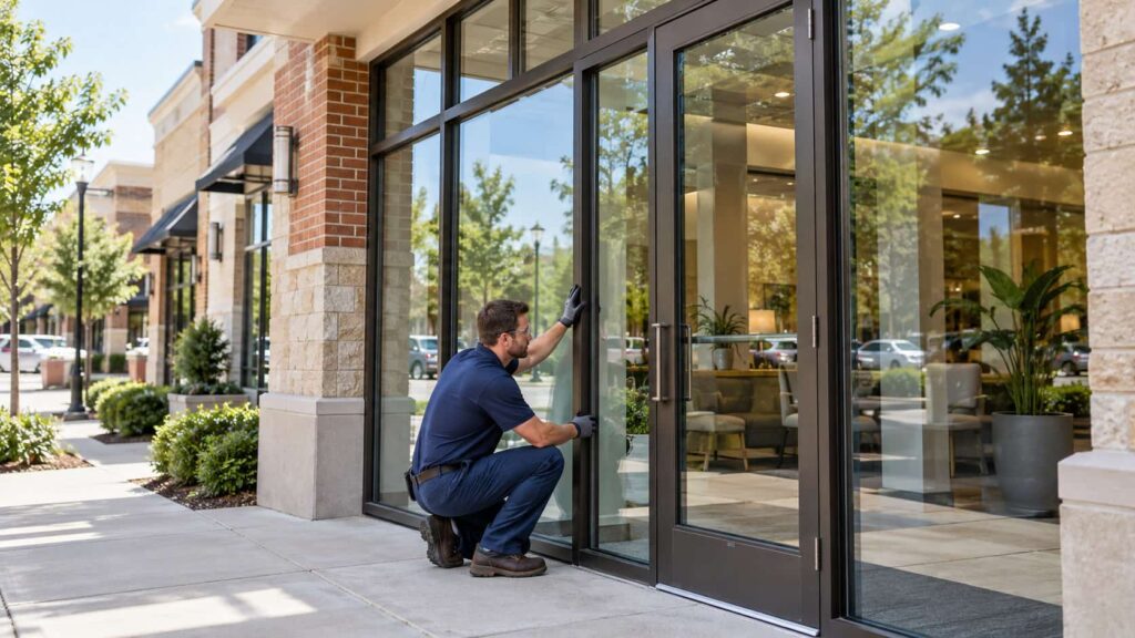 Professional commercial storefront glass repair and replacement at a modern retail or office building in Fairfax, VA.