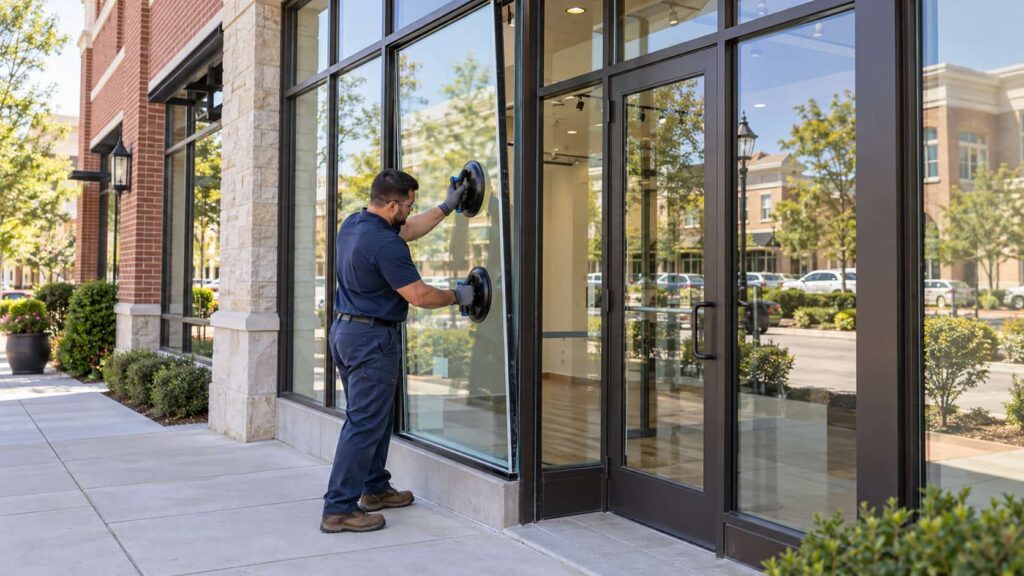 Commercial glass technician installing a replacement storefront window panel in an aluminum-framed retail building in Gaithersburg, MD.