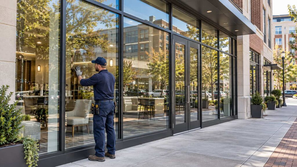 Professional commercial storefront glass replacement with aluminum-framed windows and glass entrance doors in Rockville, MD.