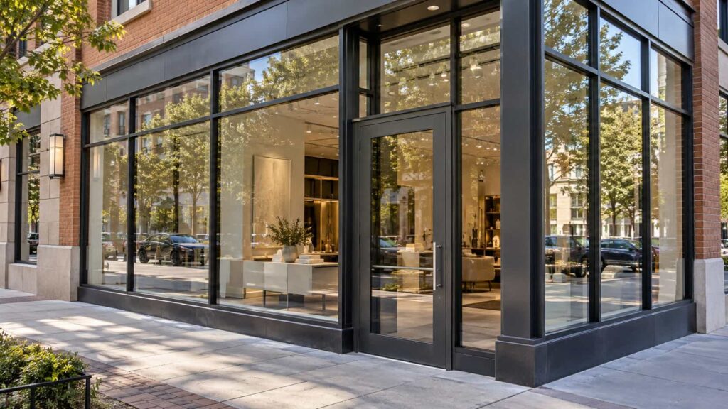 Modern retail storefront with aluminum-framed entrance doors and professionally installed clear commercial glass.