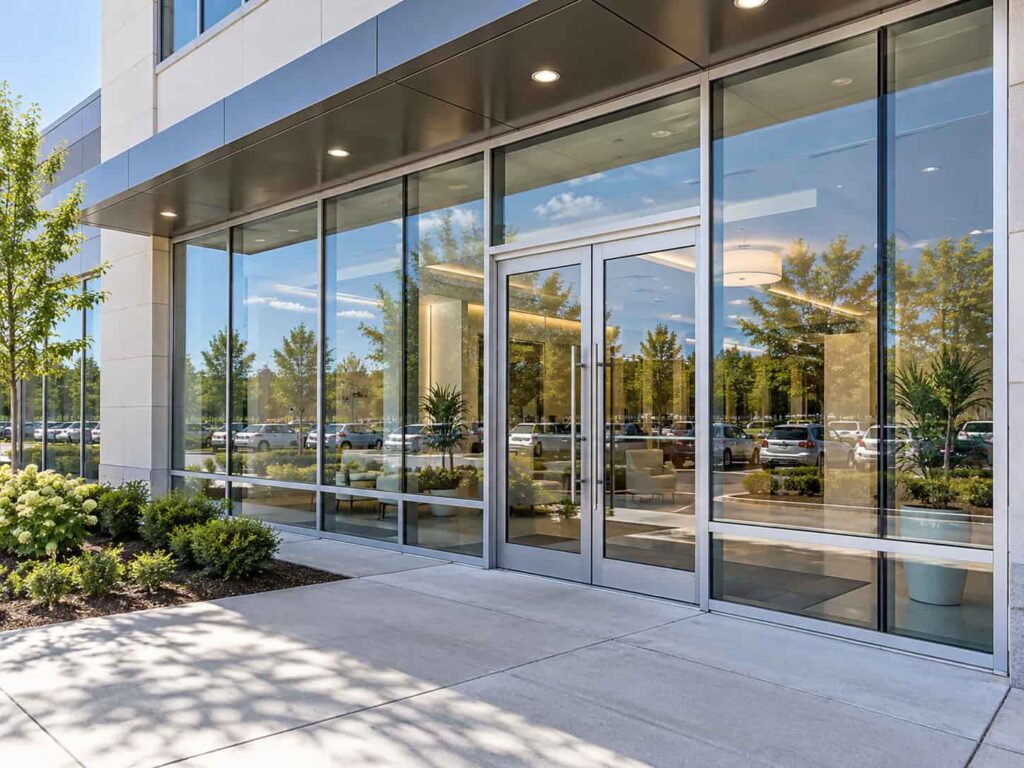 Modern commercial storefront with large glass panels and aluminum-framed entrance doors.