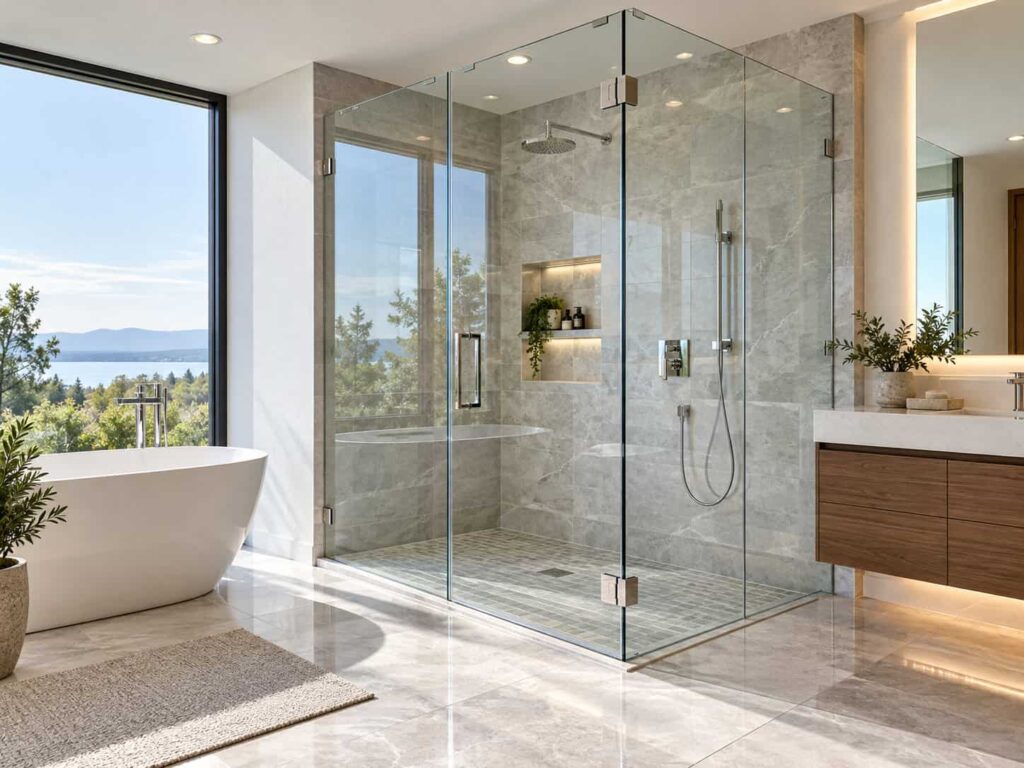 Frameless glass shower enclosure with clear panels and chrome hardware in a modern bathroom.