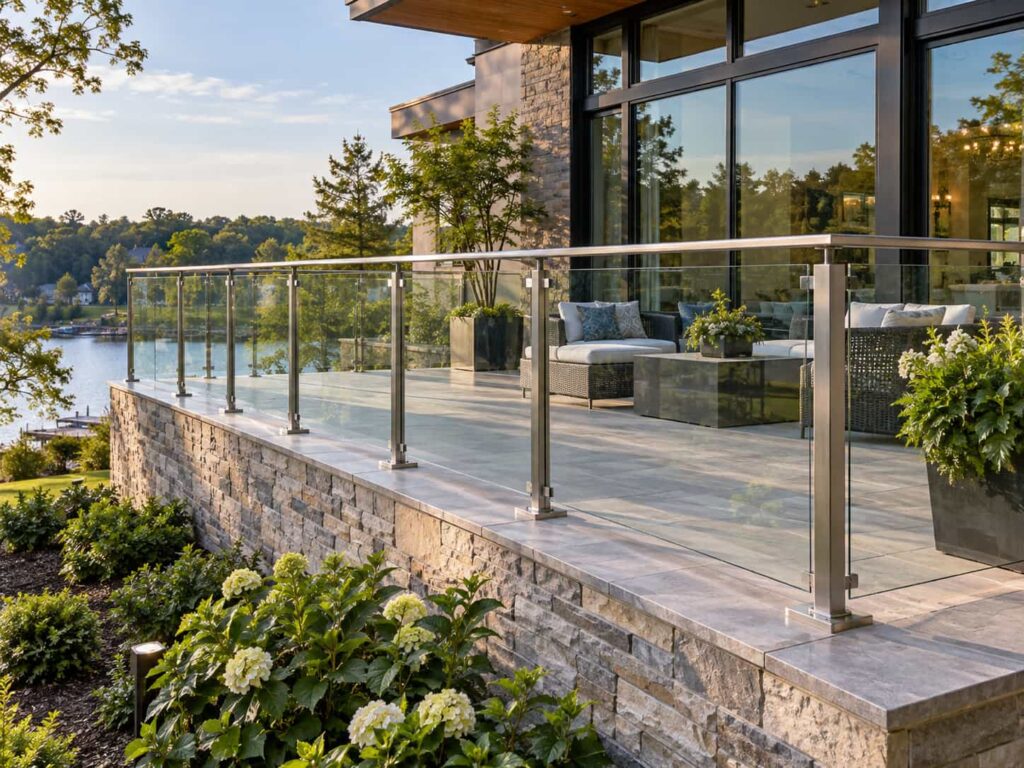 Clear architectural glass railing with metal supports installed along a modern residential terrace.