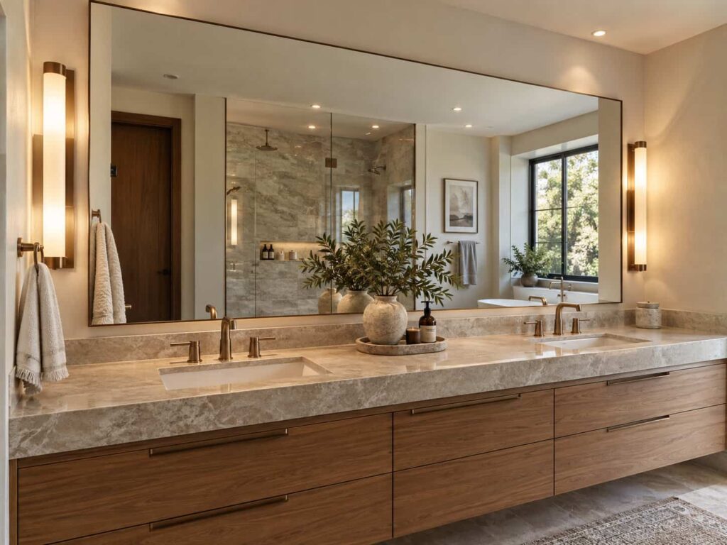 Large custom wall mirror professionally installed above a contemporary double bathroom vanity.