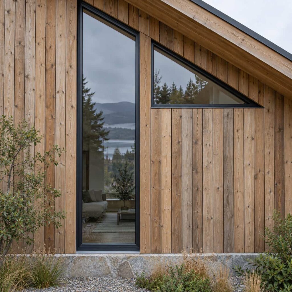Tall narrow window opening beside an angled clerestory pane