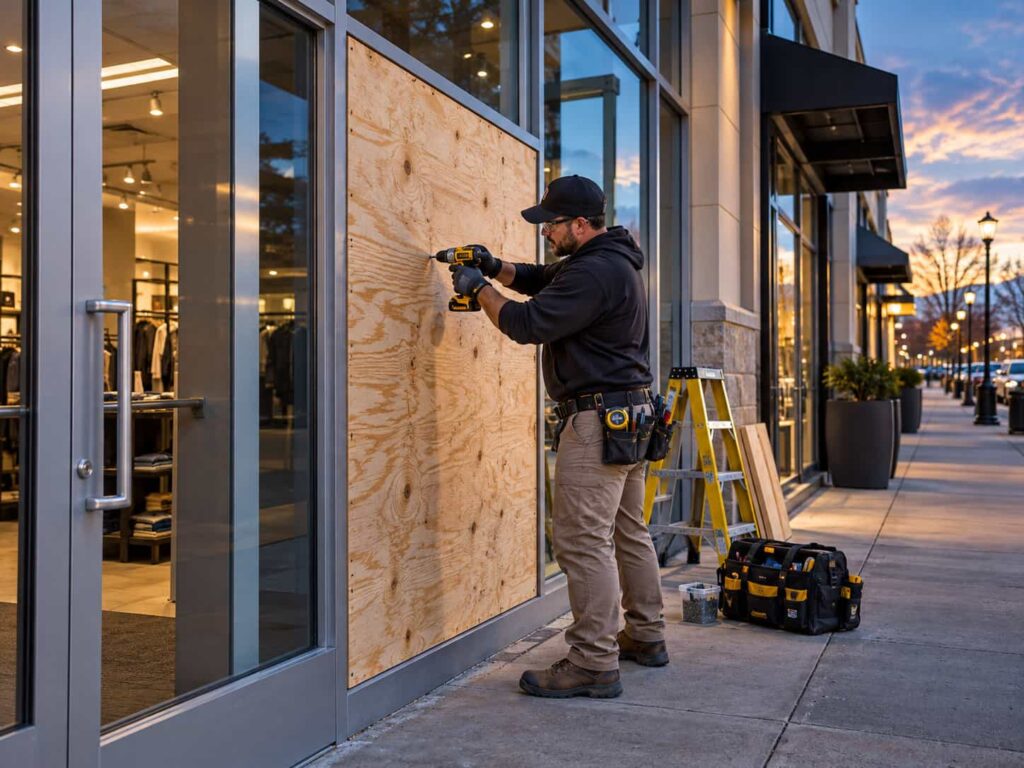 Glass repair technician securing a damaged commercial storefront opening with temporary plywood board-up.