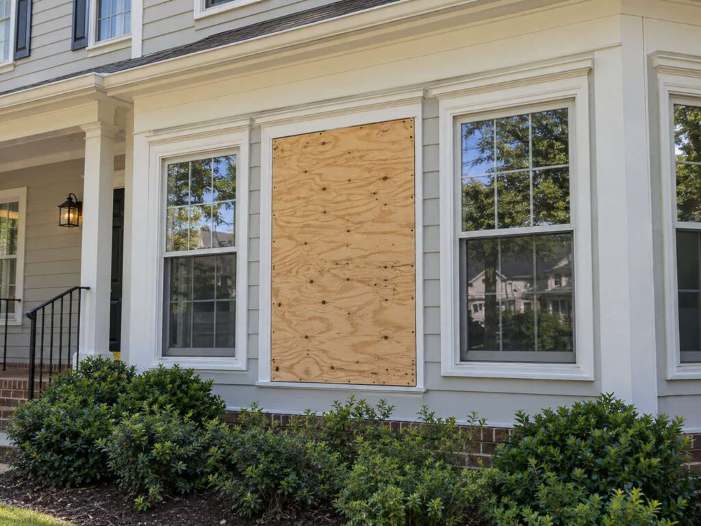 Residential window opening secured with a fitted temporary board-up panel after glass damage.