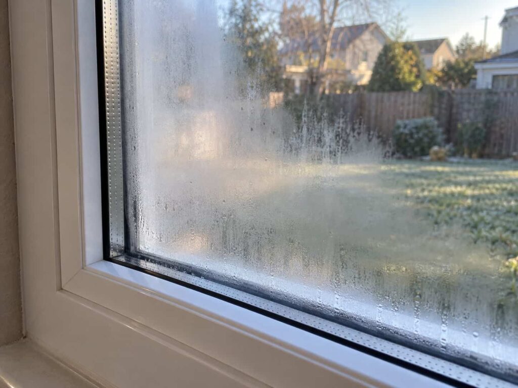 Double-pane residential window showing fog and condensation trapped between insulated glass panes.