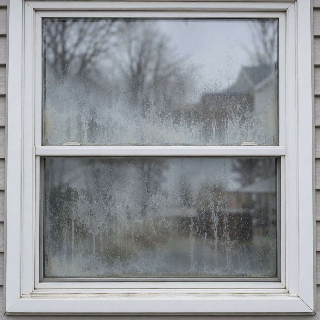 Double-pane window with haze, mineral staining and moisture between the panes