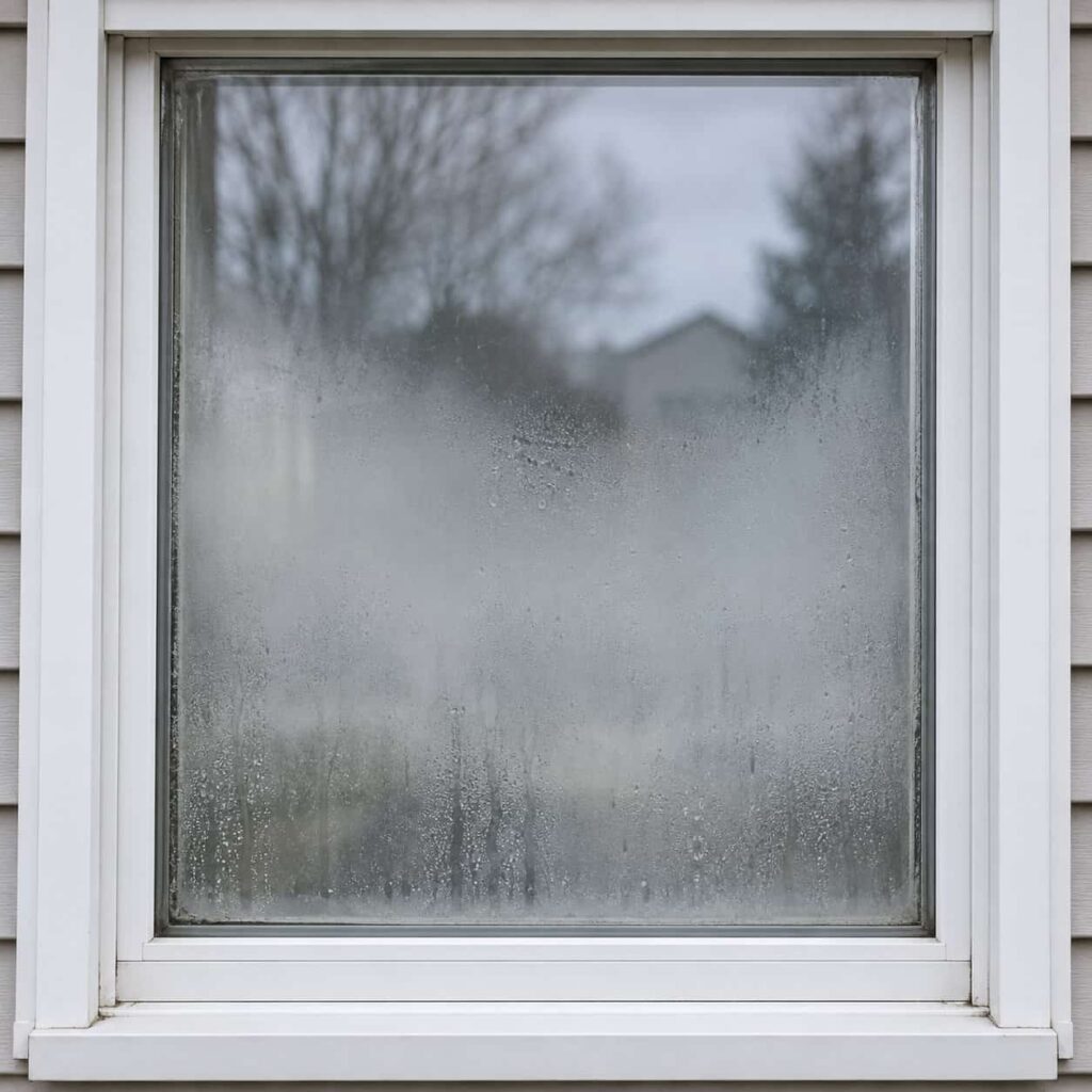 Double-pane window with a milky haze trapped between the two panes