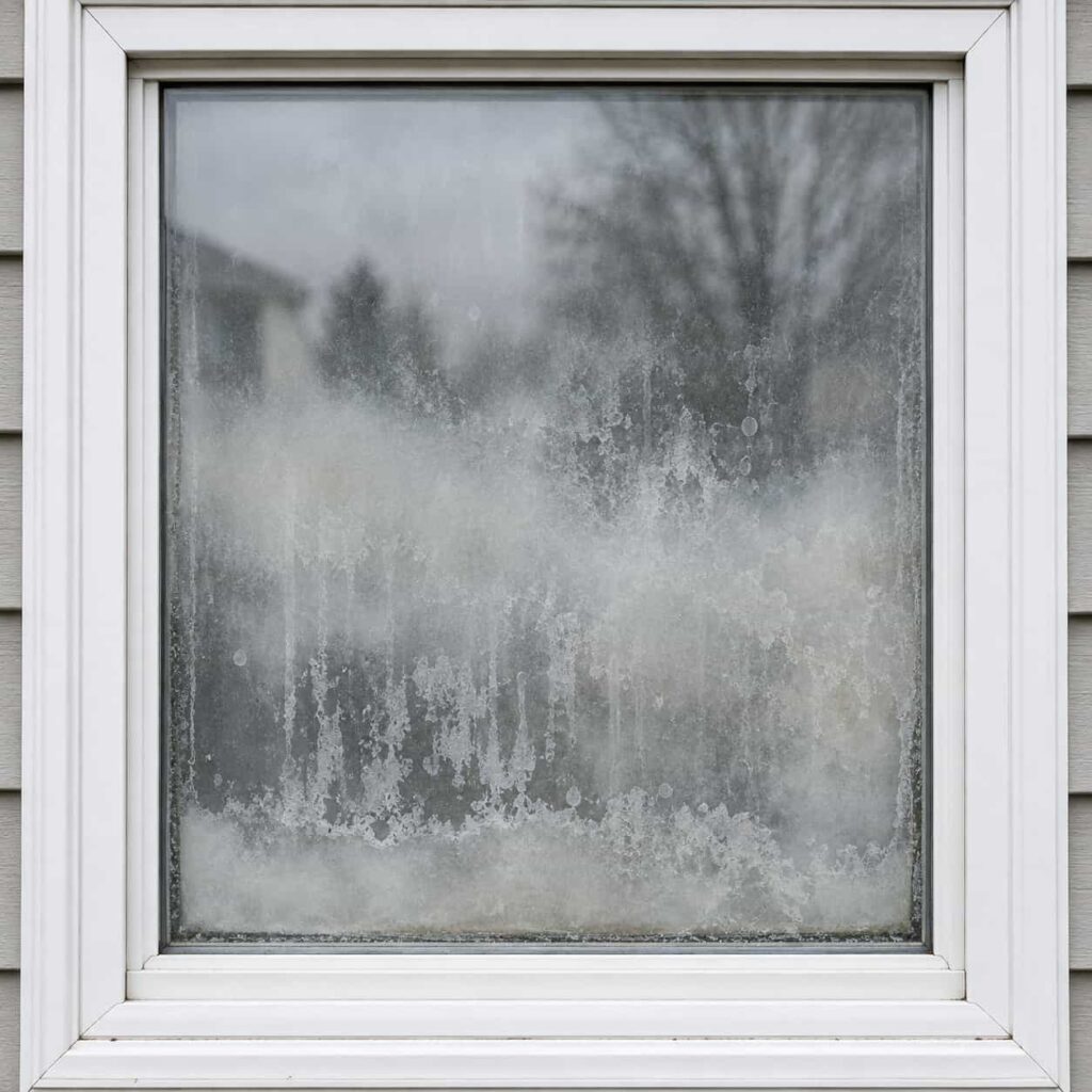 Double-pane window with haze and mineral deposits between the panes