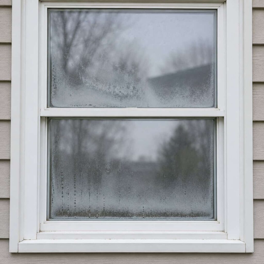 Double-pane window with haze and condensation trapped between the panes