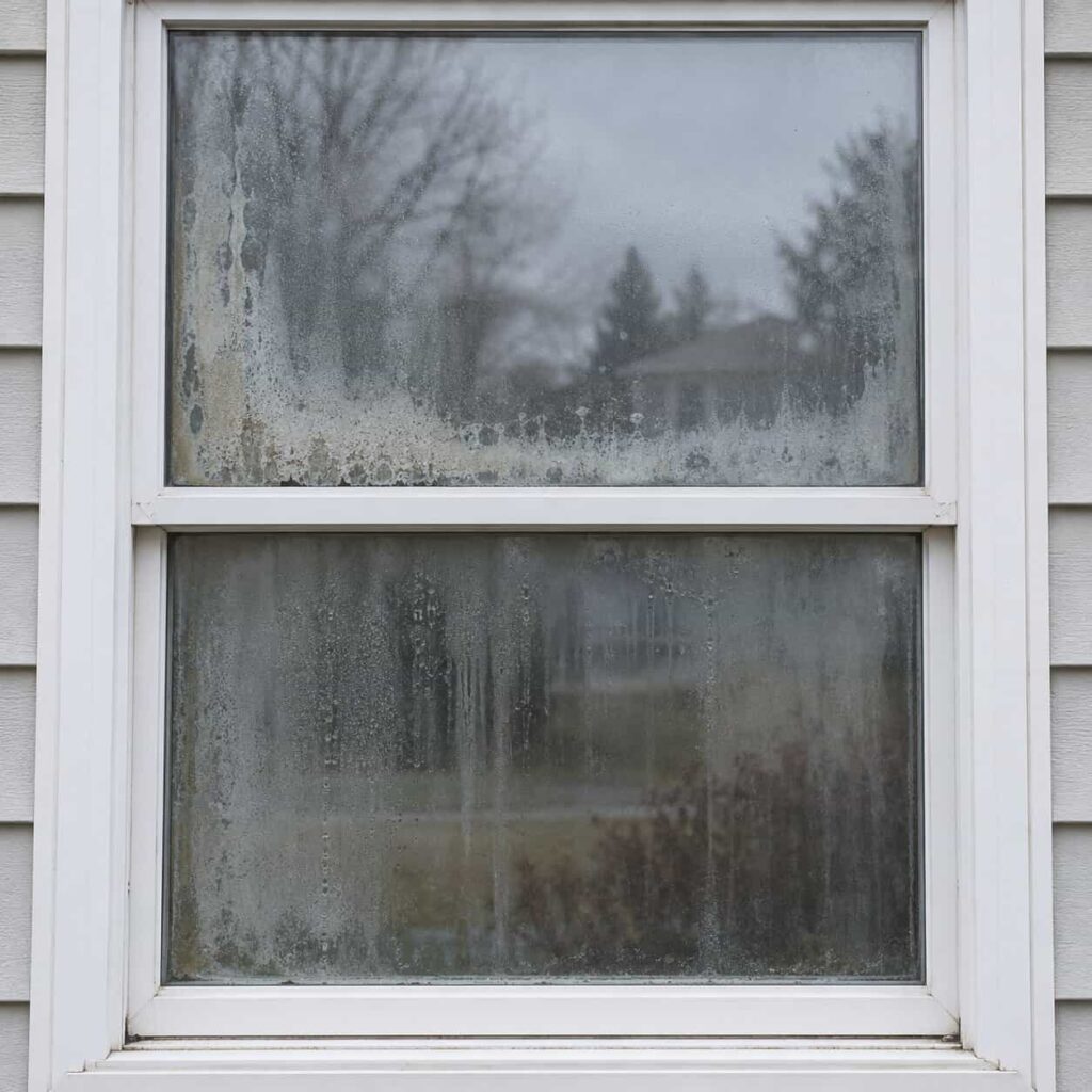 Double-pane window with haze and moisture trapped between the two panes