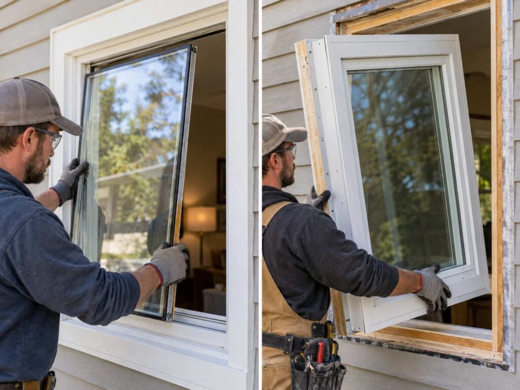 Side-by-side comparison showing replacement window glass and a complete window frame assembly.