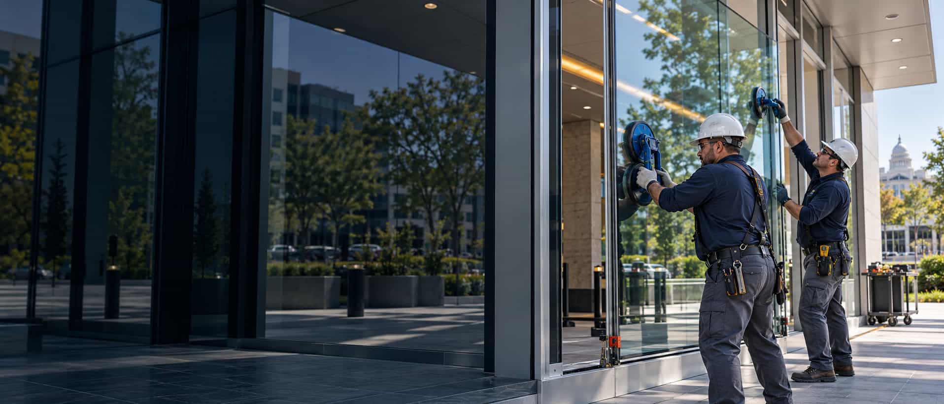 Professional glass technicians installing a large window glass panel at a commercial property in the DMV area.