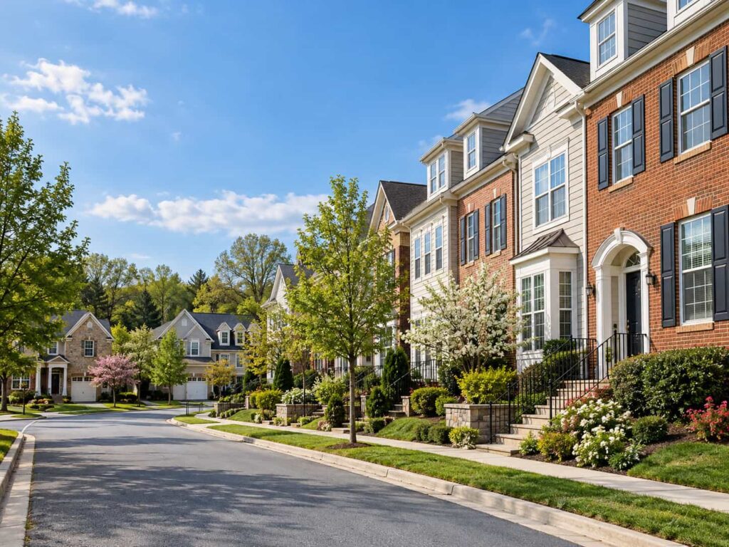 Residential townhouses and windows in a Maryland neighborhood served by Pro Glass Window Repairs.