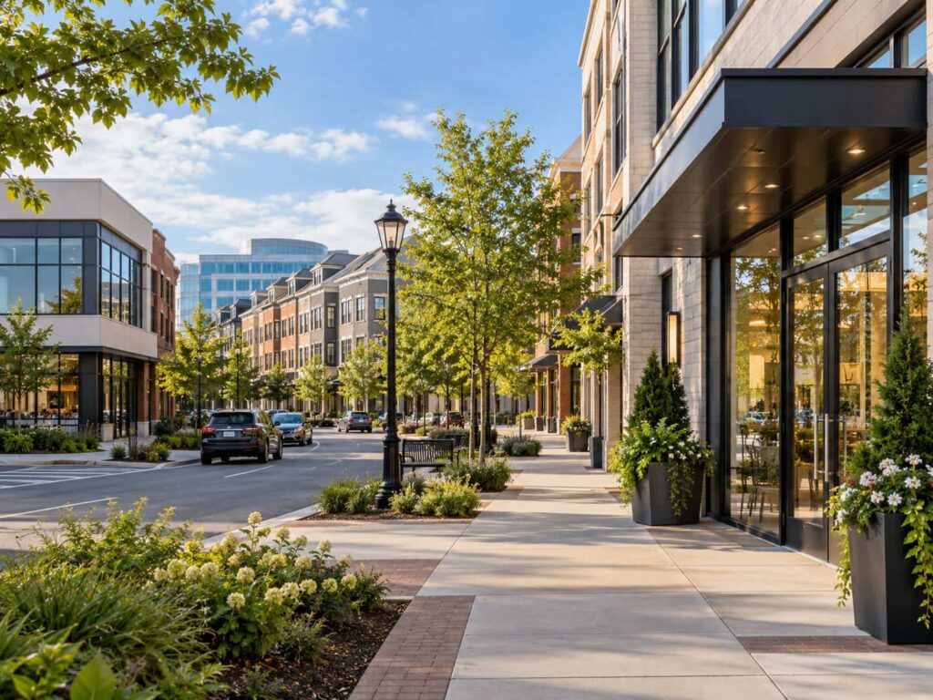 Residential and modern commercial buildings with large windows in Northern Virginia.