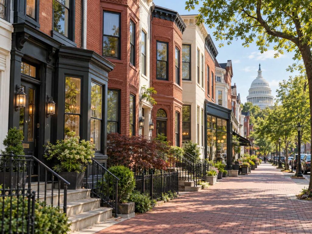 Historic Washington, DC rowhouses with bay windows and ground-floor commercial glass.