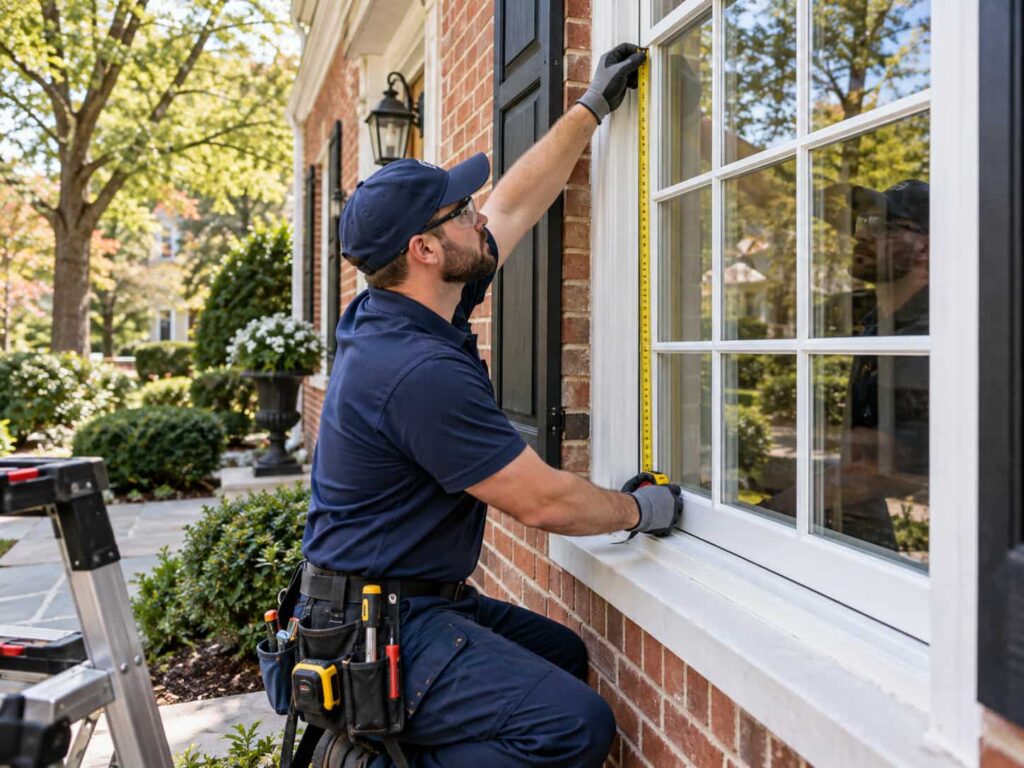 Professional glass technician measuring a residential window for replacement glass at a customer property in Northern Virginia.