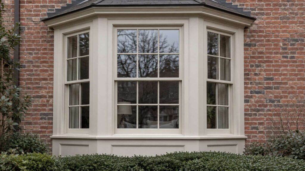 Angled bay window assembly with several glass sections on a brick home