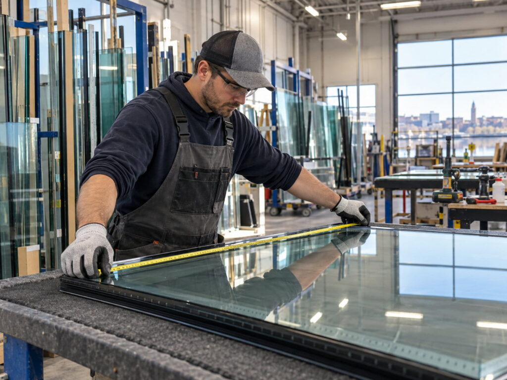 Professional glass technician measuring a replacement glass panel inside a glass workshop.