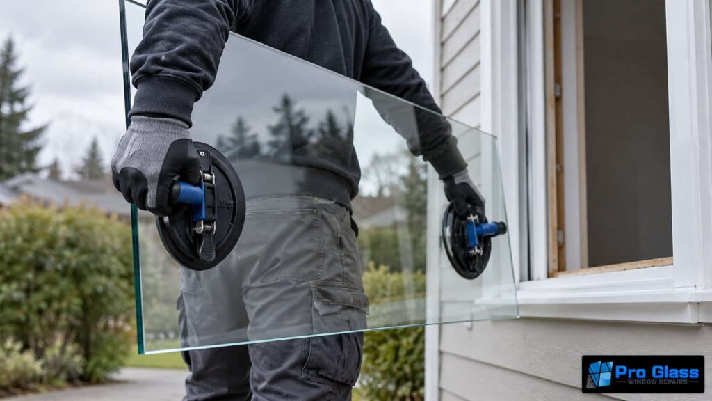 Technician carrying a large replacement glass panel with suction cup lifters