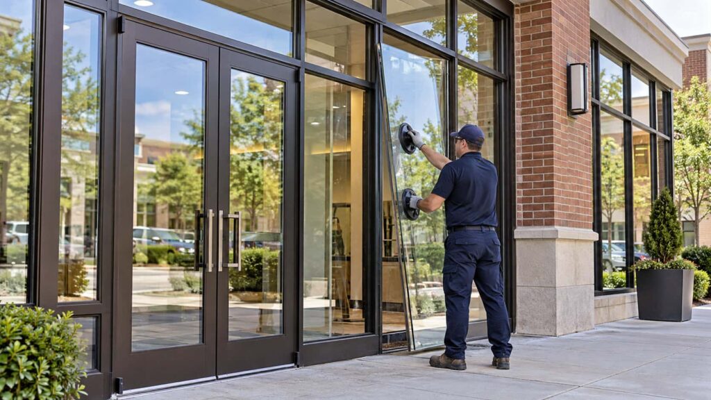 Technician fitting glazing beads after installing a replacement pane