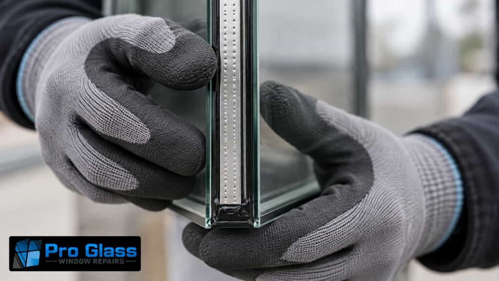 Edge of an insulated glass unit showing the spacer bar between two panes