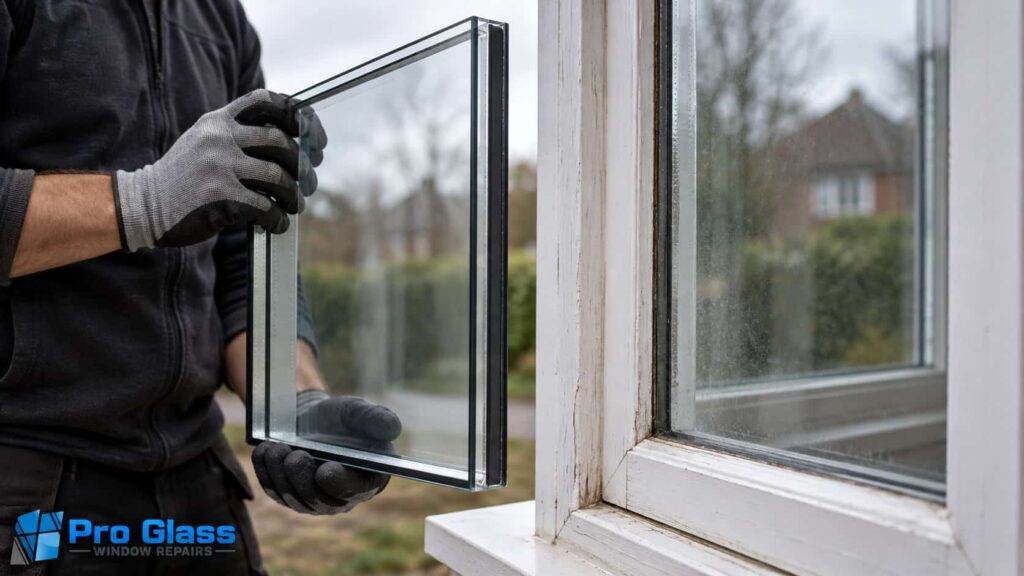 Technician comparing a replacement glass unit against the existing window